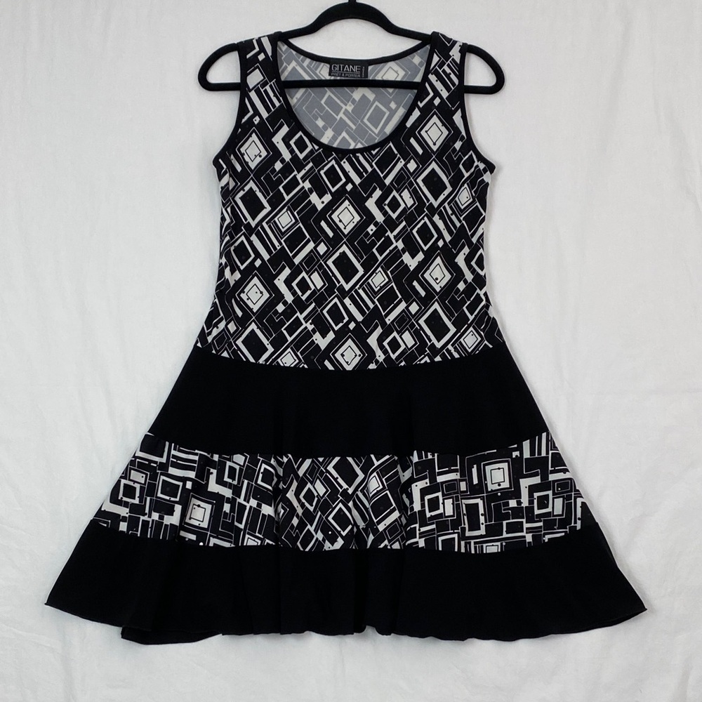 Gitane Sleeveless Mini Dress Black and White Geometric Fit and Flare
